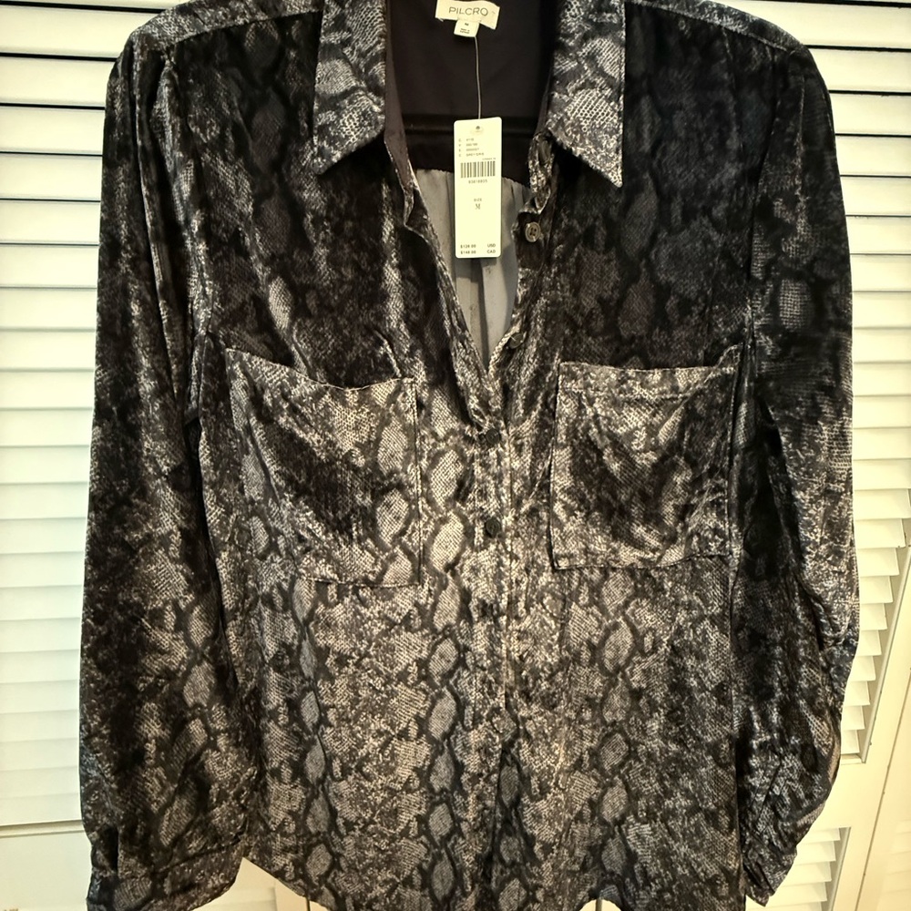 Pilcro Black and Gray Snake Print Button Down Shirt